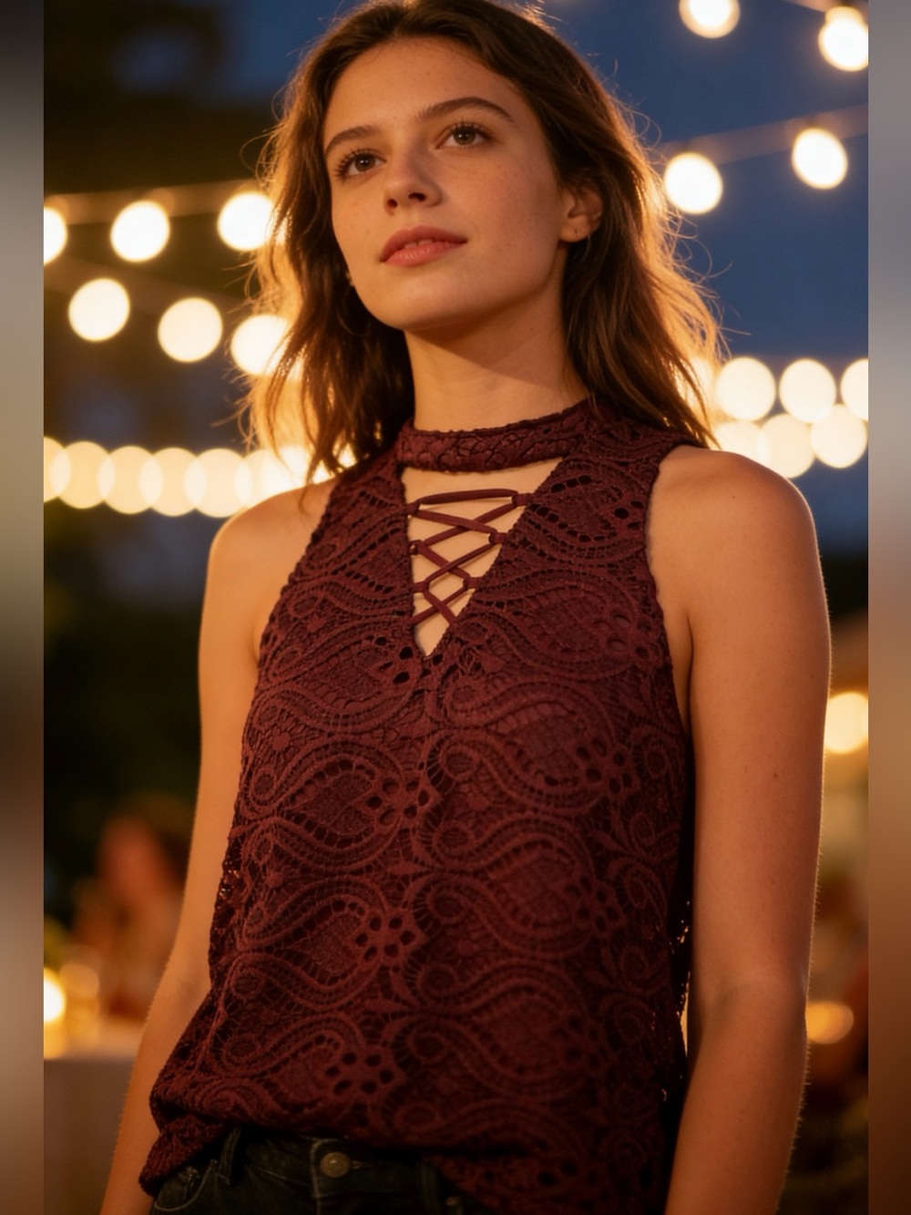 Rue21 Lace Tank Top Womens Medium Burgundy Halter Crochet Boho Sleeveless Blouse
